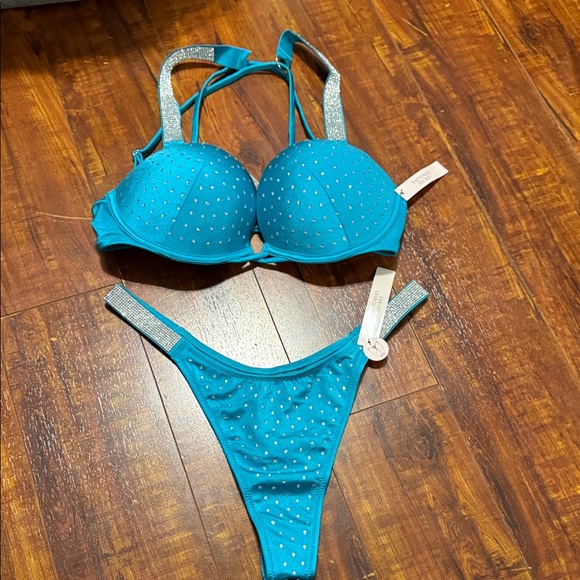 Victoria’s Secret Turquoise Blue Rhinestone Push Up Bikini Top & Thong Bottoms